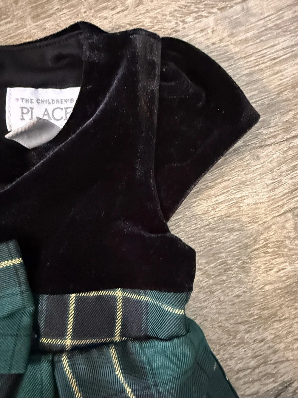 The Children's Place in 6-9 mos Black Velvet Bodice with Green Plaid Skirt Dress
